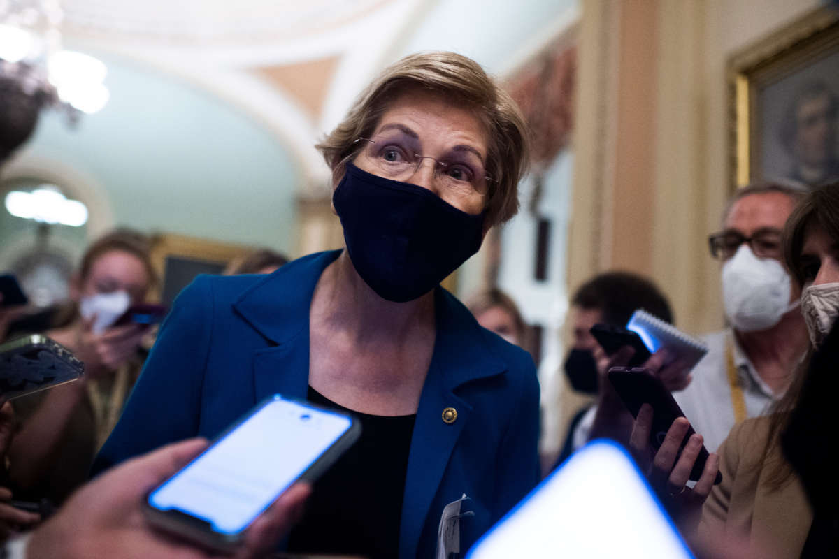 Sen. Elizabeth Warren is seen after the Senate Democrats luncheon in the U.S. Capitol on October 5, 2021.