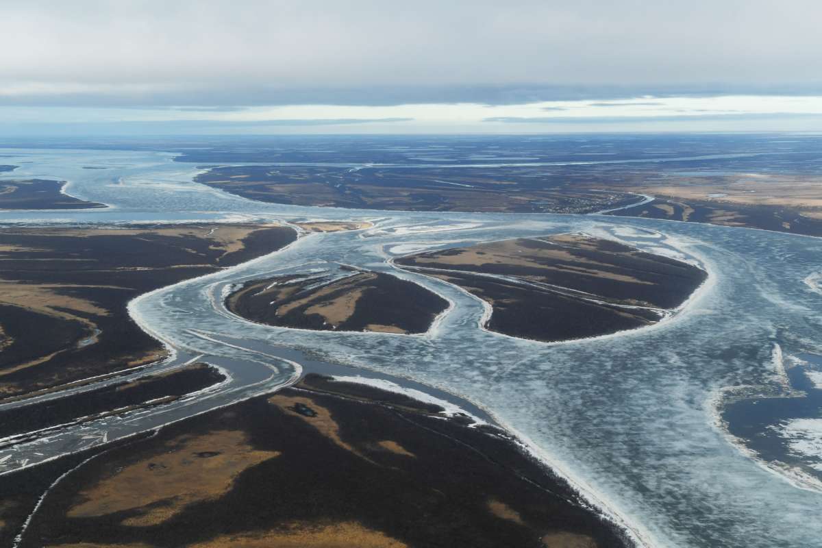Melting ice on the Kuskokwim River near the town of Bethel on the Yukon Delta in Alaska on April 12, 2019. Bethel is located 73 miles from the proposed mine.