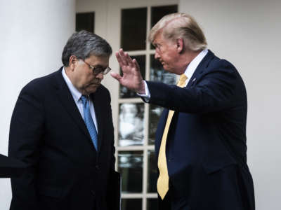 President Donald J. Trump and Attorney General William Barr depart after delivering remarks on citizenship and the census in the Rose Garden at the White House on Thursday, July 11, 2019, in Washington, D.C.