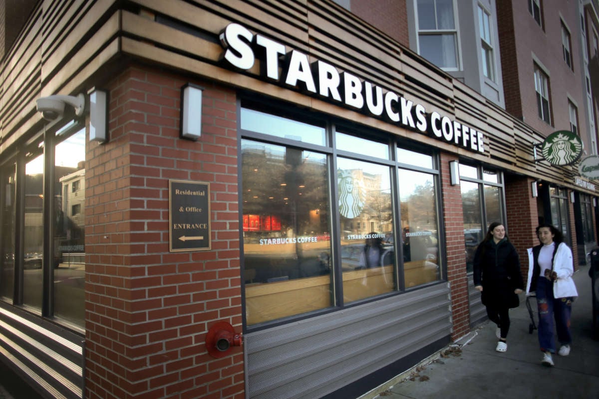 A Starbucks store is pictured in the Allston area of Boston, Massachusetts on December 9, 2021.