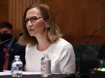 Jelena McWilliams testifies during a hearing before Senate Banking, Housing and Urban Affairs Committee at Dirksen Senate Office Building on August 3, 2021, in Washington, D.C.