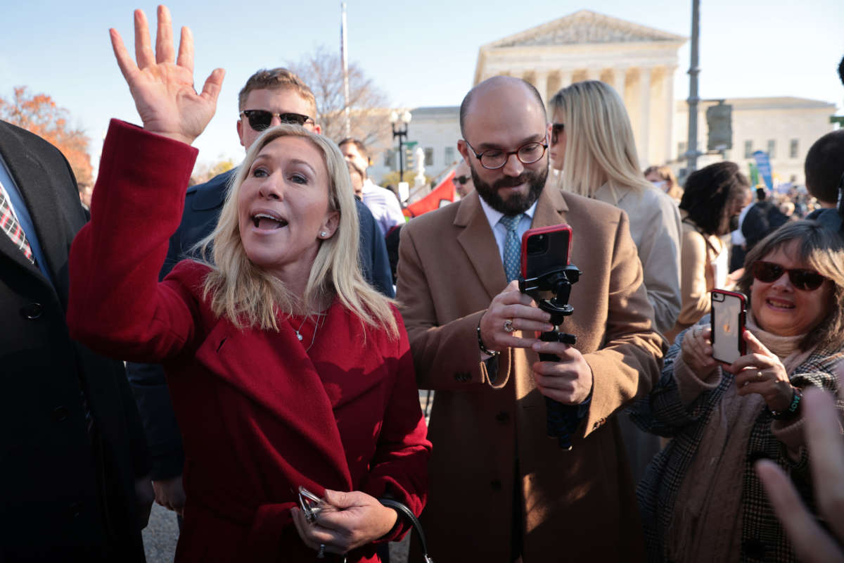 Rep. Marjorie Taylor Greene joins fellow anti-abortion activists in front of the U.S. Supreme Court on December 1, 2021, in Washington, D.C.