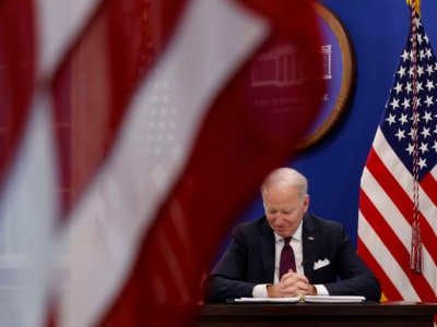 President Joe Biden meets with members of his Council of Advisors on Science and Technology in the South Court Auditorium at the Eisenhower Executive Office Building on January 20, 2022, in Washington, D.C.