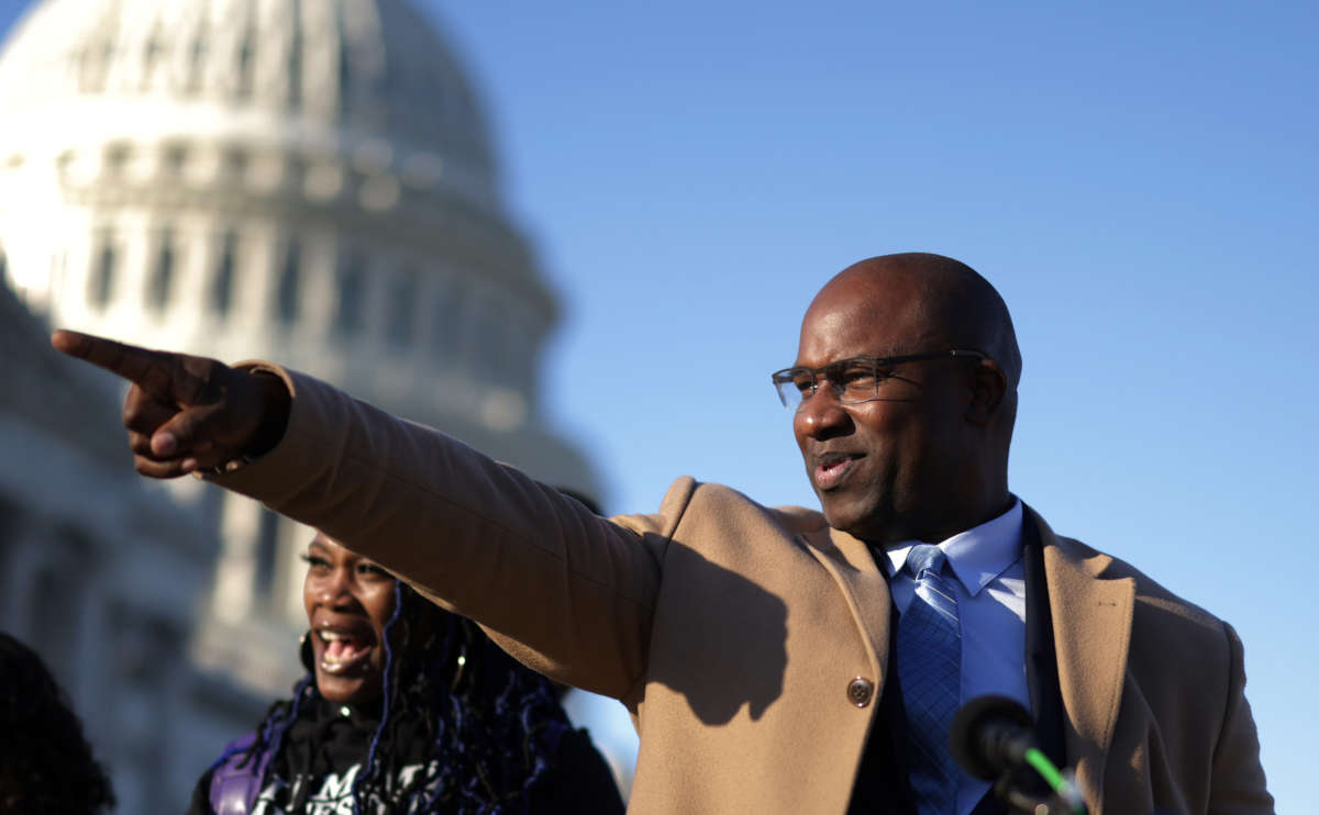 Rep. Jamaal Bowman gestures prior to a news conference in front of the U.S. Capitol December 14, 2021, in Washington, D.C.
