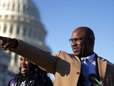 Rep. Jamaal Bowman gestures prior to a news conference in front of the U.S. Capitol December 14, 2021, in Washington, D.C.