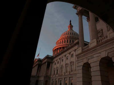 A view of the U.S. Capitol during the sunrise on January 6, 2022, in Washington, D.C.