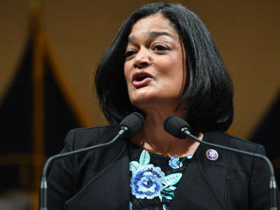 Rep. Pramila Jayapal speaks as members of Congress share their recollections on the first anniversary of the attack on the U.S. Capitol on January 6, 2022, in the Cannon House Office Building in Washington, D.C.