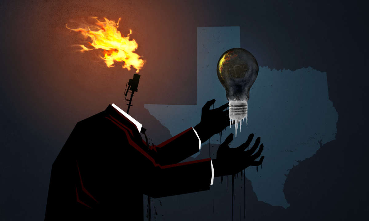 Fossil fuel businessman with oily hands and methane flare head reaches for frozen, dark lightbulb in front of Texas state