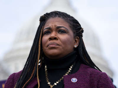 Rep. Cori Bush attends a news conference outside the U.S. Capitol on December 10, 2021.