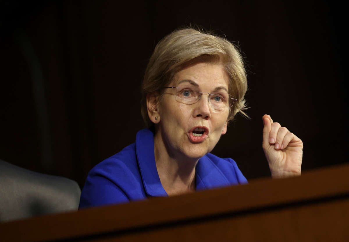 Senator Elizabeth Warren speaks in the Dirksen Senate Office Building on Capitol Hill in Washington, D.C., on September 28, 2021.