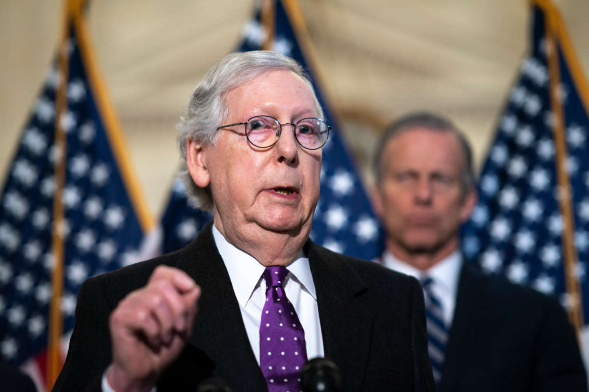 Senate Minority Leader Mitch McConnell speaks during a news conference after a lunch meeting with Senate Republicans on Capitol Hill on February 1, 2022, in Washington, D.C.