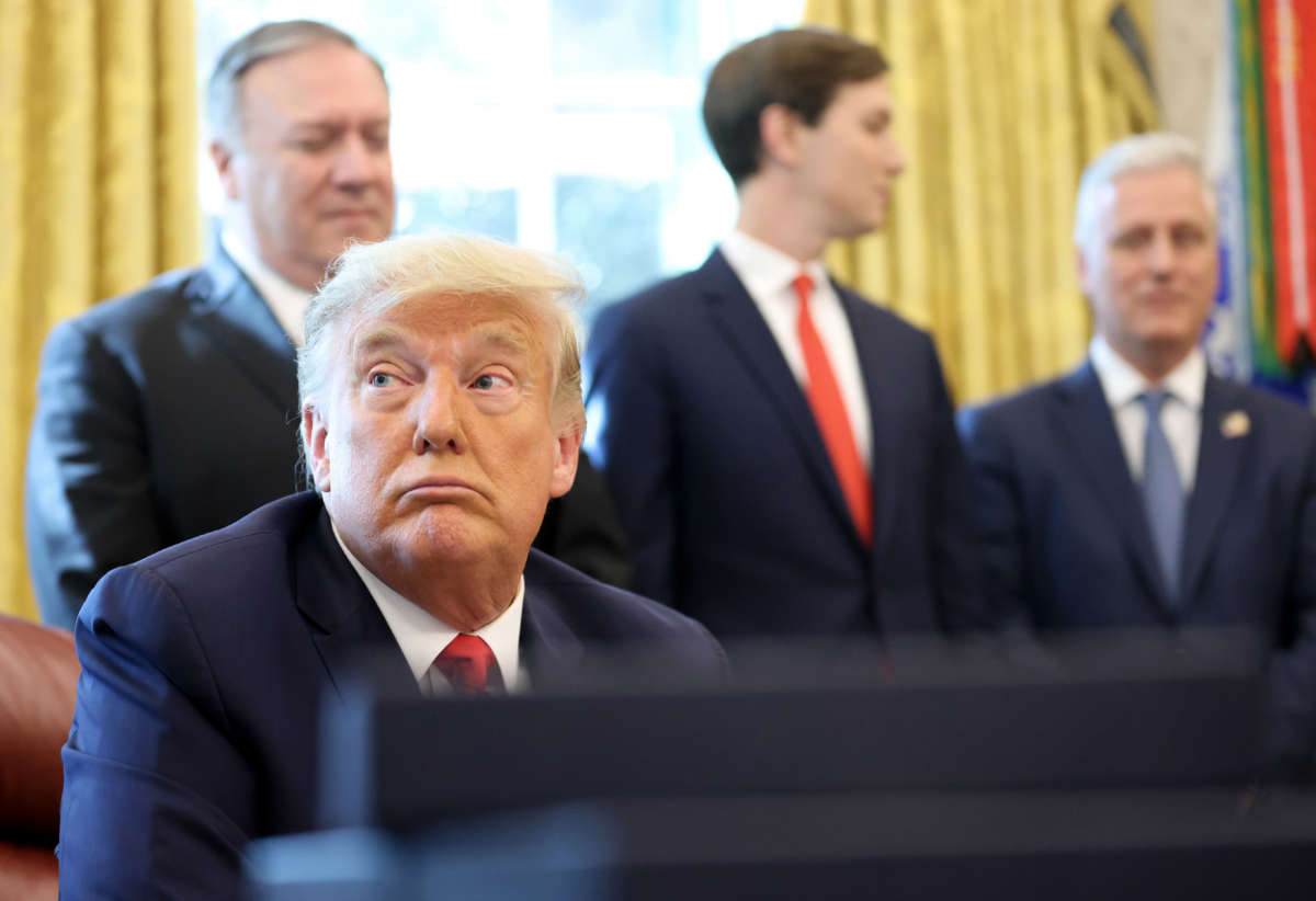 President Donald Trump speaks is seen in the Oval Office on October 23, 2020, in Washington, D.C.