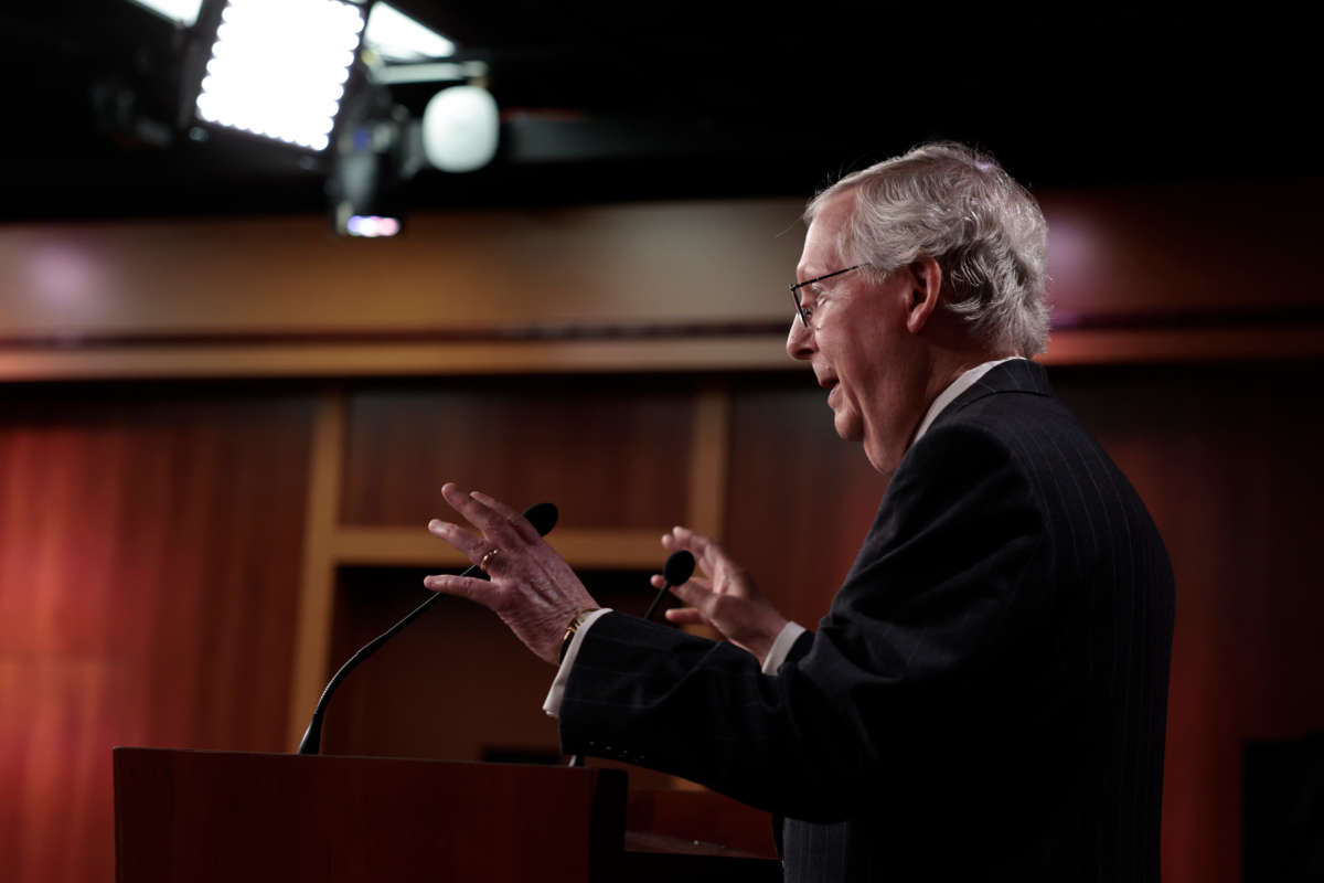 Senate Minority Leader Mitch McConnell speaks at a news conference at the U.S. Capitol Building on December 16, 2021, in Washington, D.C.