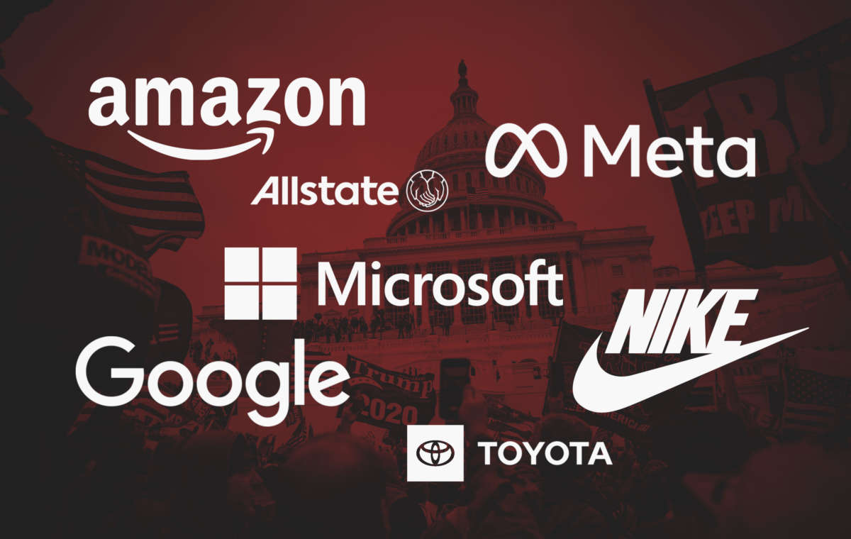 Logos for Amazon, Meta, Allstate, Microsoft, Google, Nike and Toyota float over image of Trump supporters swarming the U.S. Capitol on January 6