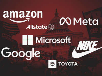 Logos for Amazon, Meta, Allstate, Microsoft, Google, Nike and Toyota float over image of Trump supporters swarming the U.S. Capitol on January 6