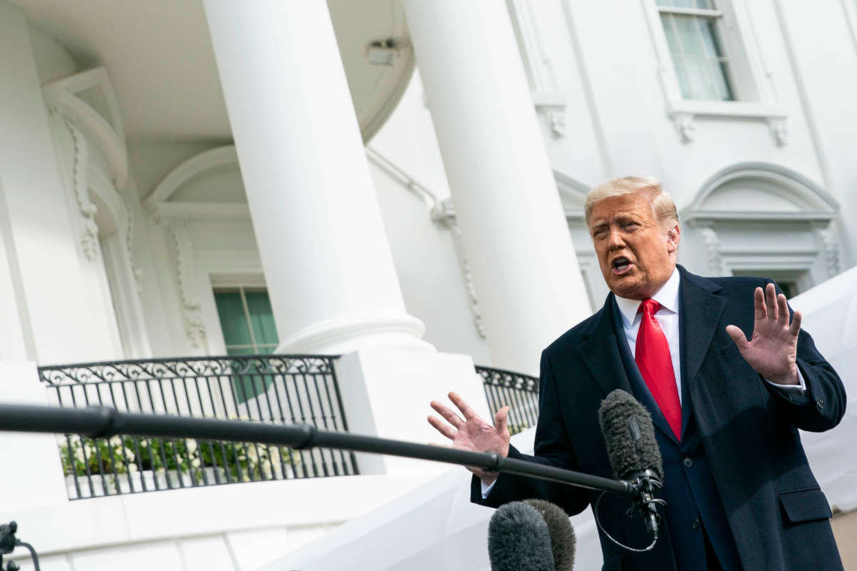 President Donald Trump speaks to the press outside of the White House on October 30, 2020, in Washington, D.C.