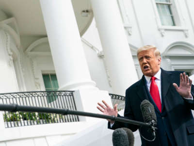 President Donald Trump speaks to the press outside of the White House on October 30, 2020, in Washington, D.C.