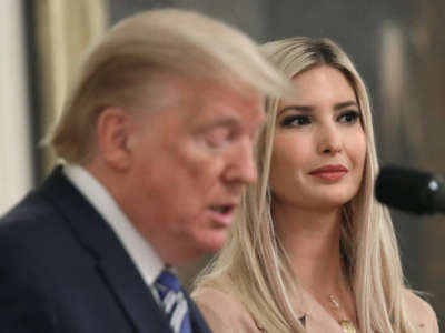 White House advisor Ivanka Trump listens to her father President Donald Trump deliver remarks in the East Room of the White House on April 28, 2020, in Washington, D.C.