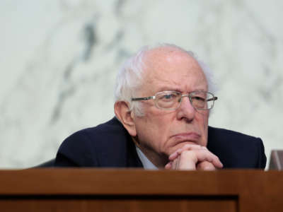 Senate Budget Committee Chairman Bernie Sanders listens during a committee hearing in the Hart Senate Office building on February 17, 2022, in Washington, D.C.