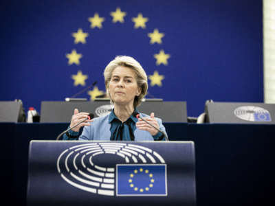 European Commission President Ursula von der Leyen speaks during a plenary session at the European Parliament in Strasbourg, eastern France, on February 16, 2022.