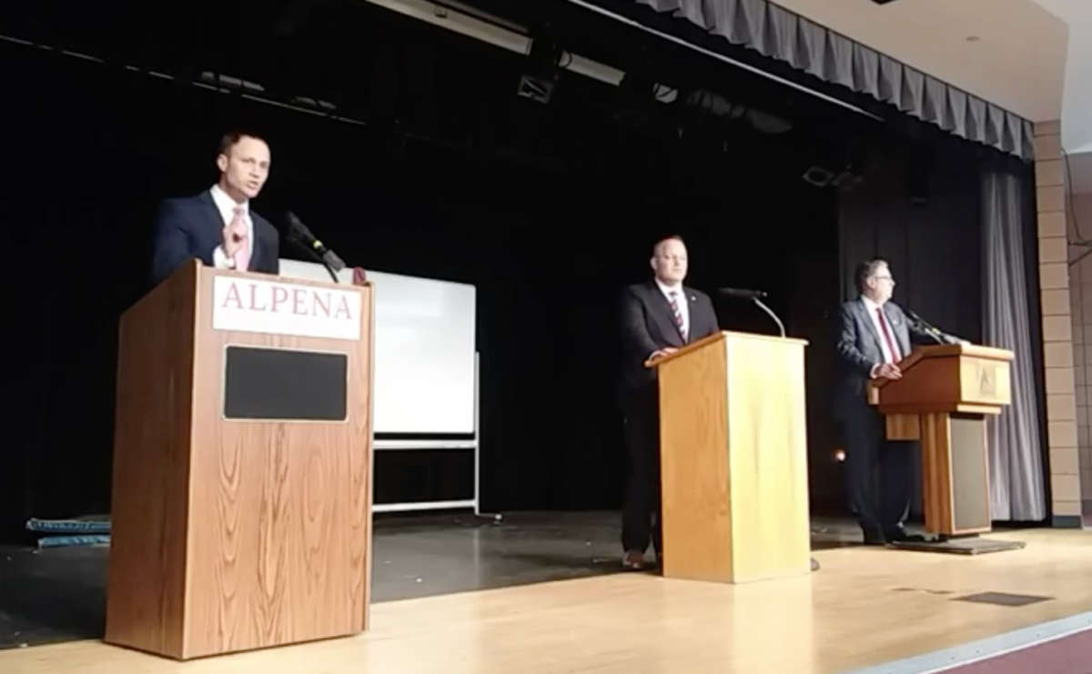 From left, former speaker Tom Lenard, Rep. Ryan Berman and Matthew DePerno take part in the GOP attorney general candidate debate at Alpena Community College in Alpena, Mighigan, on February 18, 2022.