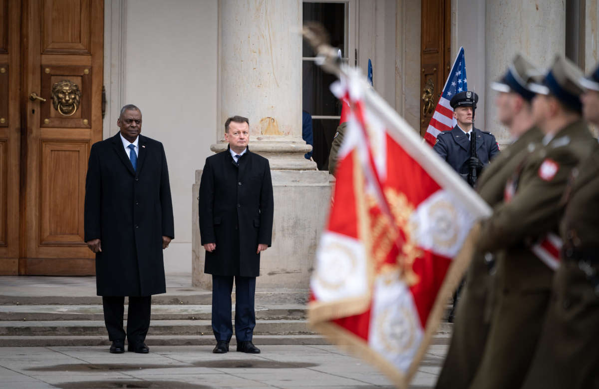 U.S. Defense Secretary Lloyd Austin meets with Polish Defense Minister Mariusz Błaszczak, at the Palace on the Isle in Łazienki Park in Warsaw, Poland, on February 18, 2022.