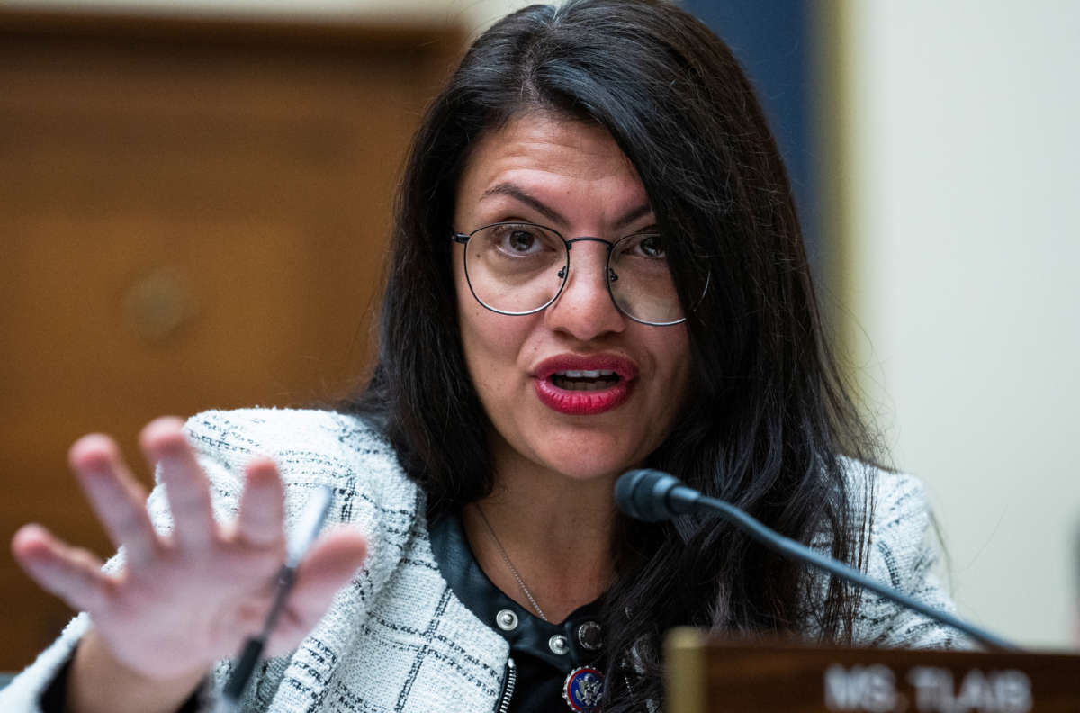 Rep. Rashida Tlaib speaks during a House Financial Services Committee hearing in Rayburn Building on December 1, 2021.