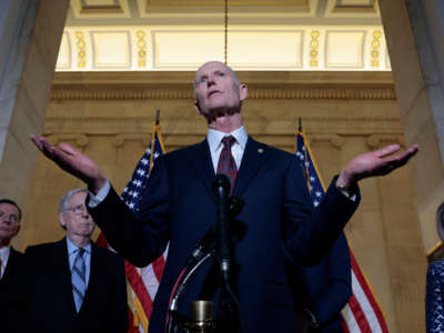 Sen. Rick Scott speaks during a press conference following the weekly Senate Republican policy luncheon in the Russell Senate Office Building on Capitol Hill on January 19, 2022, in Washington, D.C.