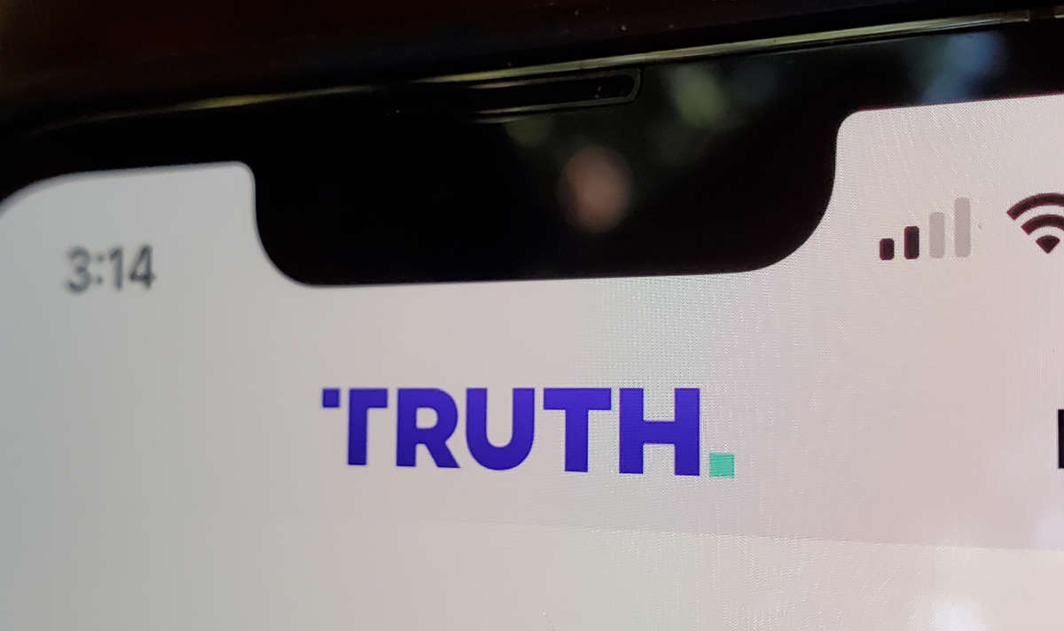 Icon for Truth Social, a social media network promoted in part by former President Donald Trump, on a cellphone screen following the app's launch on February 21, 2022.