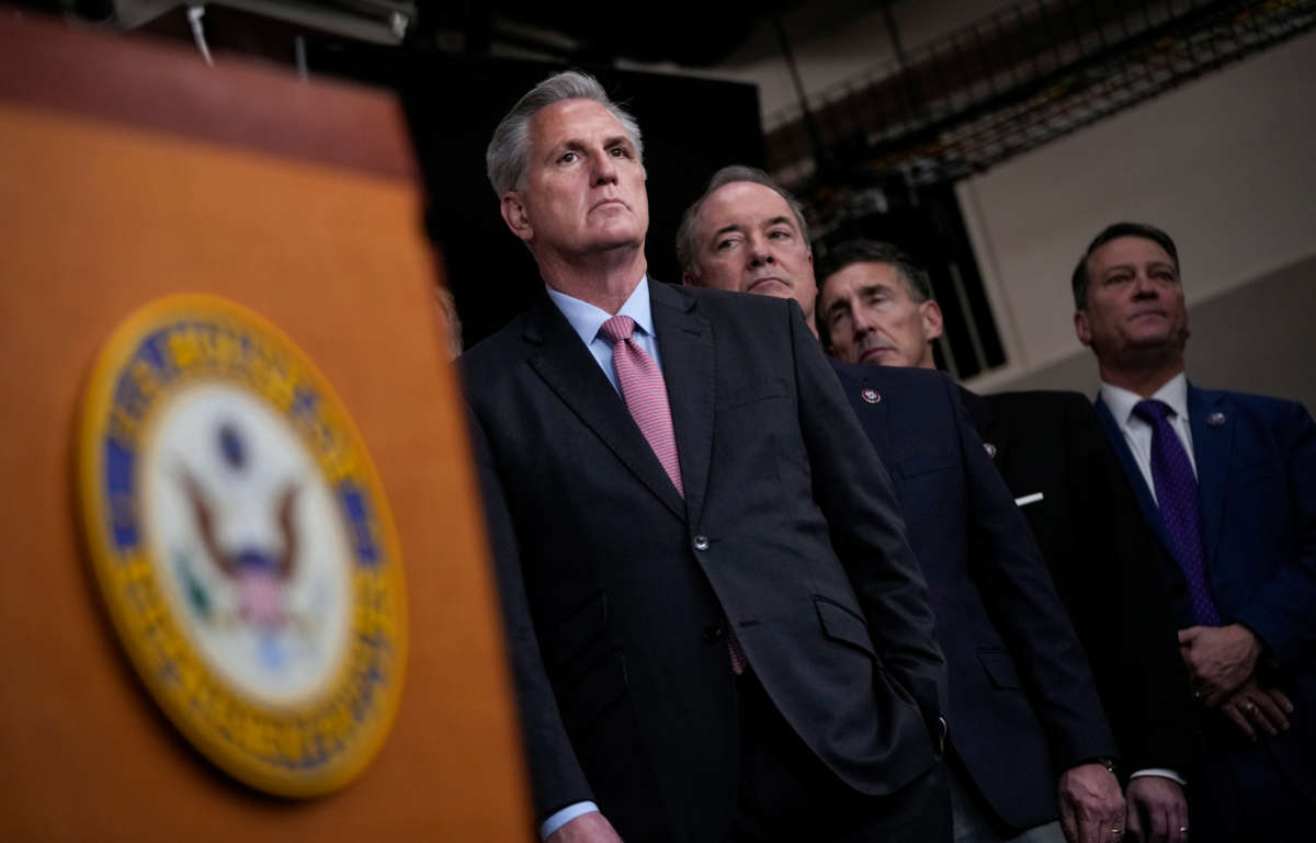 House Minority Leader Kevin McCarthy waits to speak during a news conference with fellow House Republicans at the U.S. Capitol on January 20, 2022, in Washington, D.C.