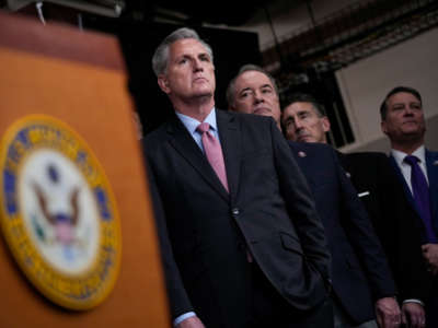 House Minority Leader Kevin McCarthy waits to speak during a news conference with fellow House Republicans at the U.S. Capitol on January 20, 2022, in Washington, D.C.