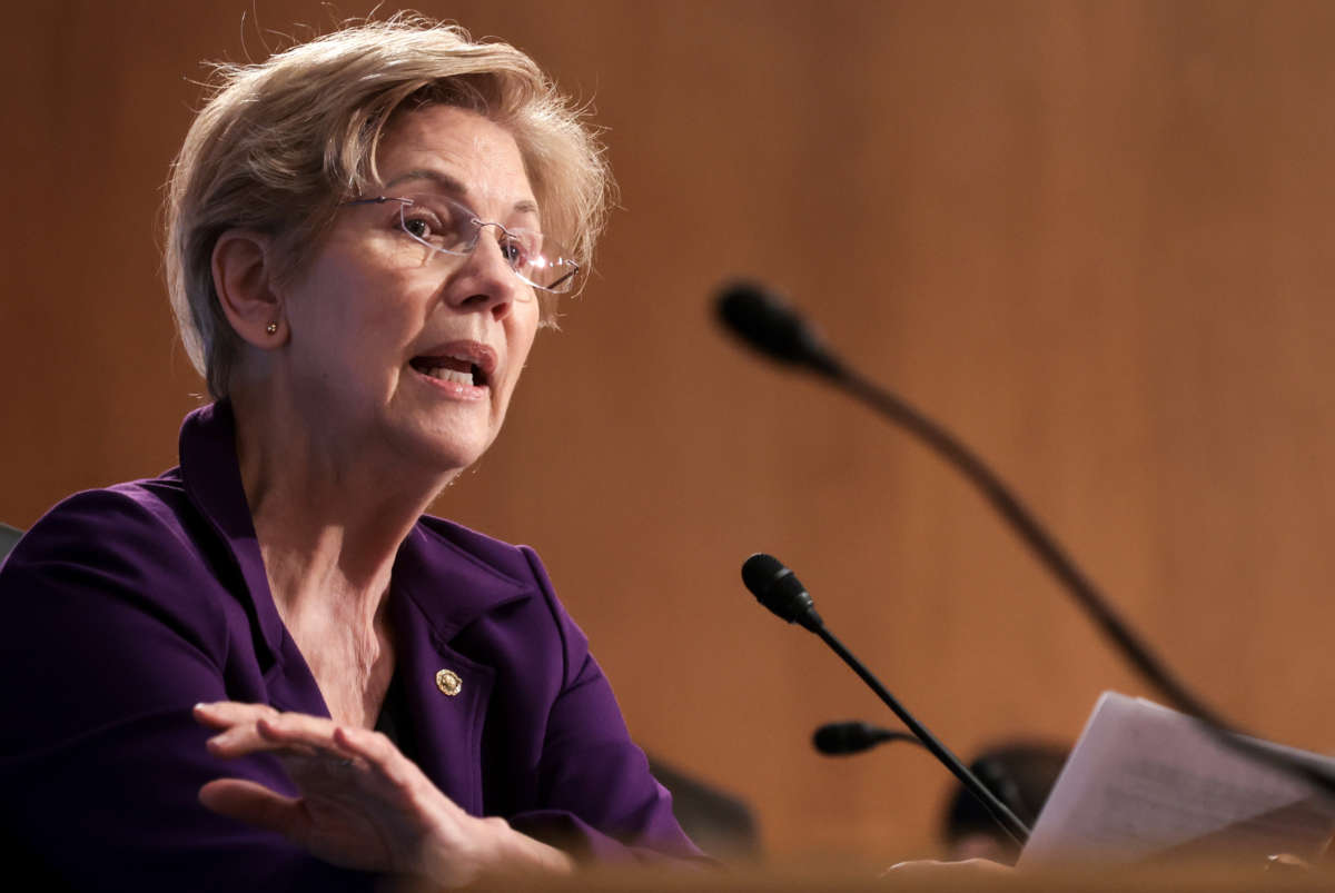 Sen. Elizabeth Warren speaks during the Senate Banking Committee on February 15, 2022, in Washington, D.C.