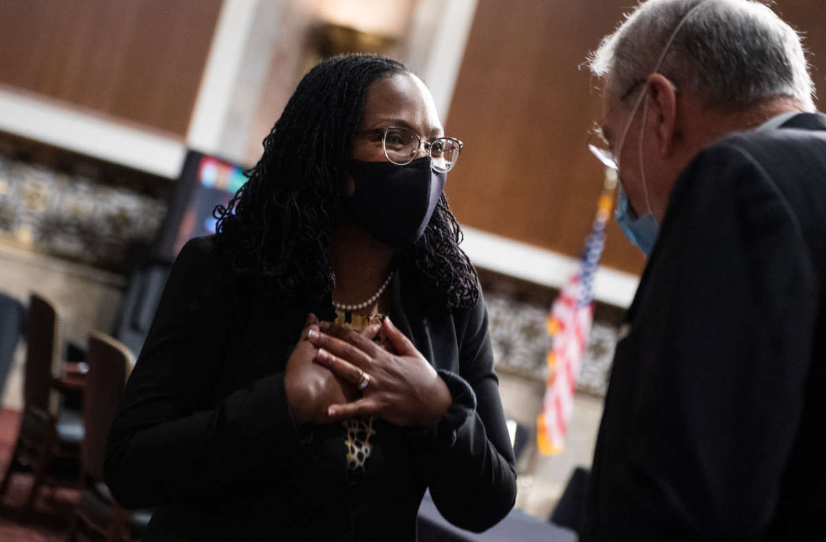 Ketanji Brown Jackson, nominee to be U.S. Circuit Judge for the District of Columbia Circuit, greets ranking member Sen. Chuck Grassley before her Senate Judiciary Committee confirmation hearing in Dirksen Senate Office Building in Washington, D.C., on April 28, 2021.
