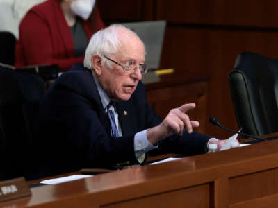 Senate Budget Committee Chairman Bernie Sanders speaks during a committee hearing in the Hart Senate Office building on February 17, 2022, in Washington, D.C.