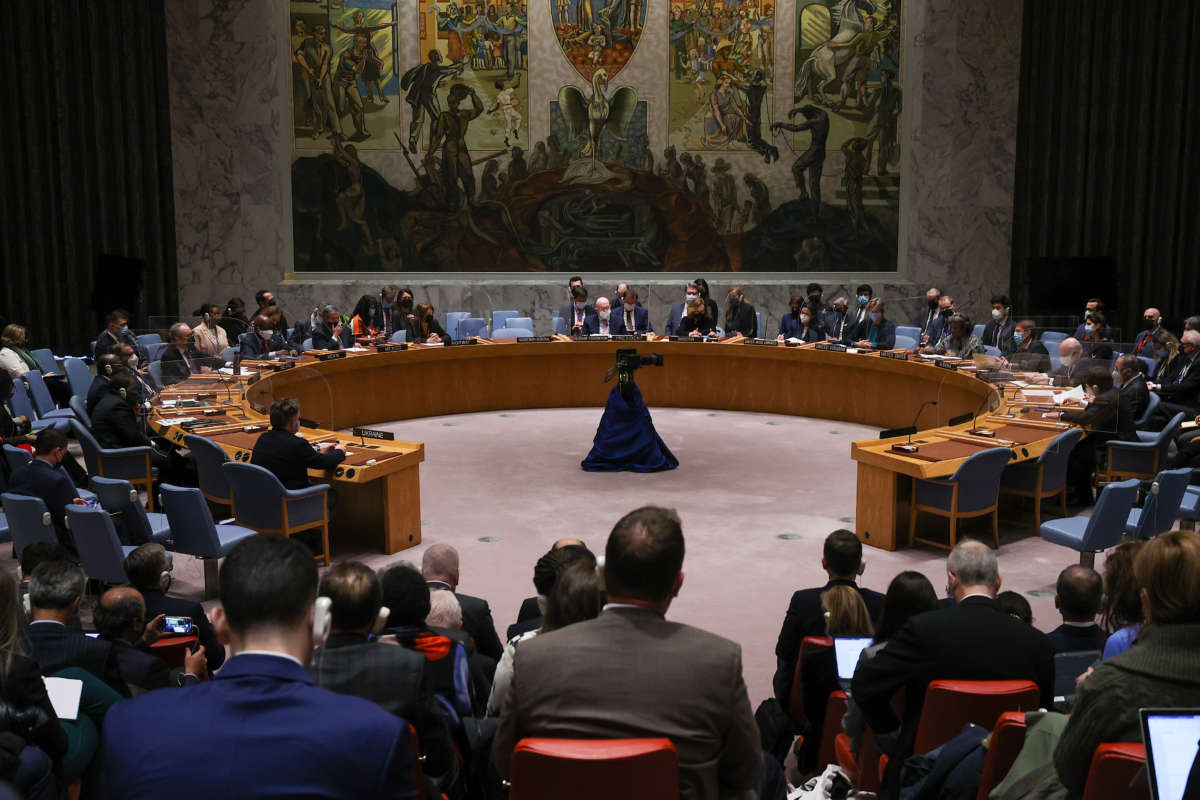 A UN Security Council meeting about Ukraine is held at United Nations Headquarters in New York City on February 25, 2022.