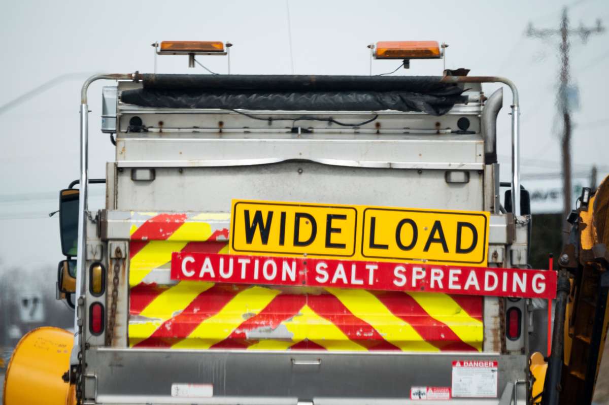 A Maryland Department of Transportation snowplow loaded with road conditioning salt in Wye Mills, Maryland, on February 17, 2021.