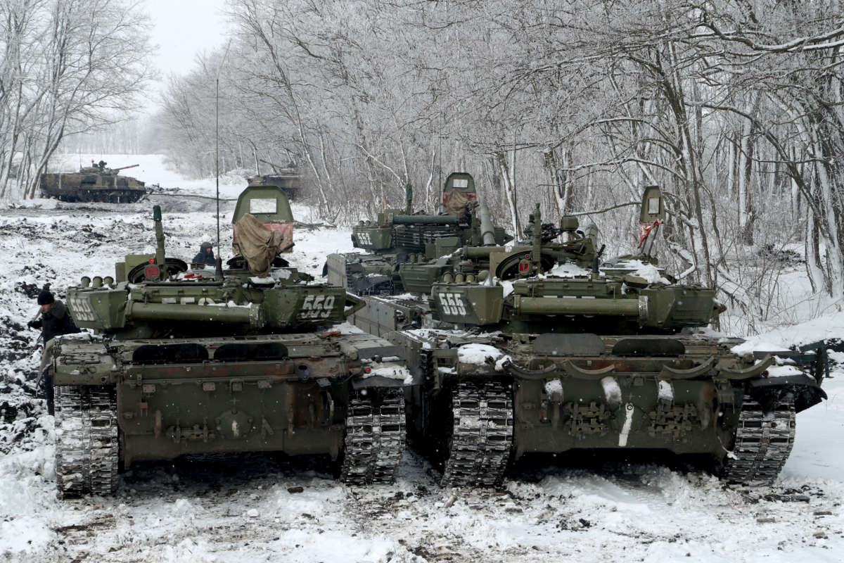 Russian military T-72B3 tanks take part in a military exercise at the Kadamovsky Range in Russia's Rostov Region on January 27, 2022.