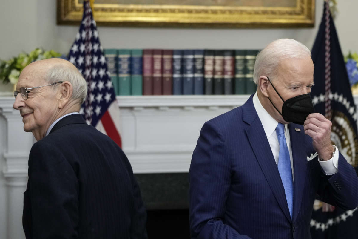 President Joe Biden walks back to the podium after Supreme Court Associate Justice Stephen Breyer spoke about his coming retirement in the Roosevelt Room of the White House on January 27, 2022, in Washington, D.C.