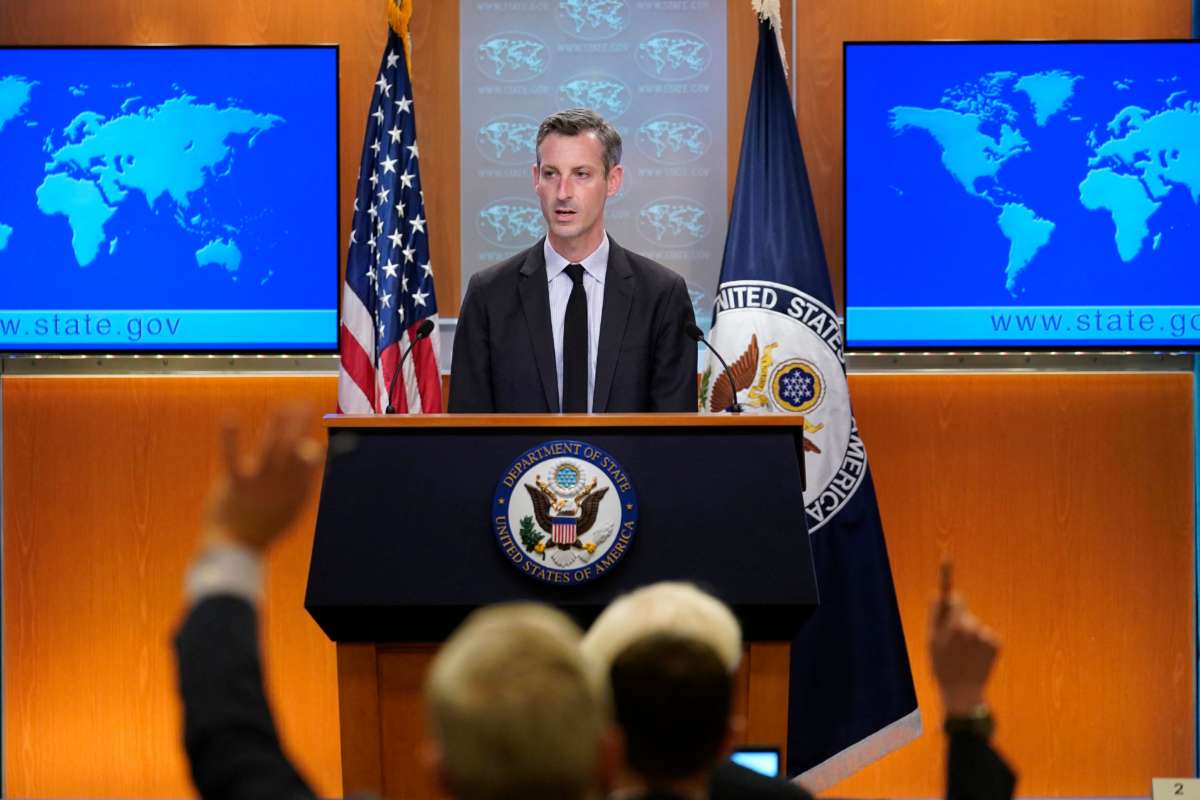 State Department spokesman Ned Price speaks during a briefing at the State Department in Washington, D.C., on February 1, 2022.