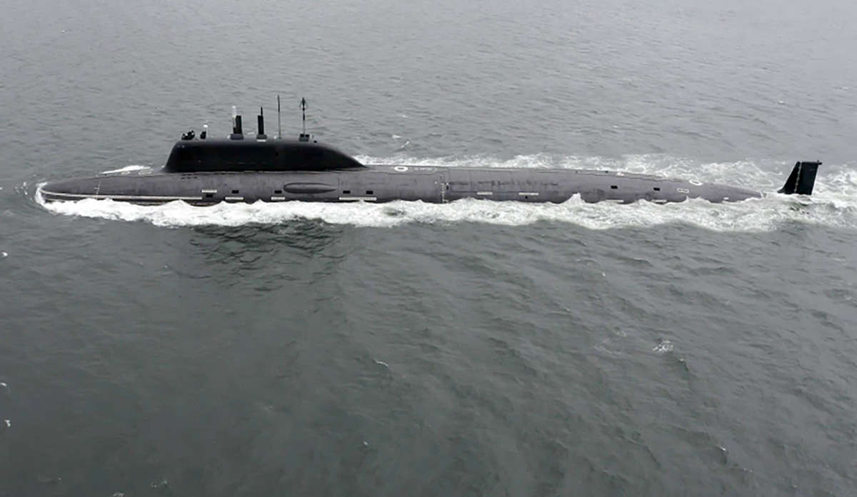 A Russian nuclear submarine prepares to launch a 3M-54 Kalibr cruise missile as part of the strategic deterrence force drills in the Black Sea, on February 19, 2022.