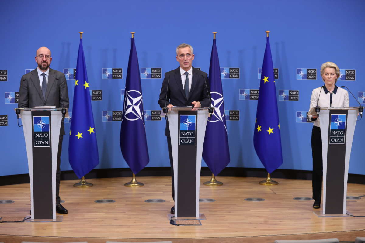 NATO Secretary General Jens Stoltenberg, European Council President Charles Michel and European Commission President Ursula von der Leyen hold a news conference at NATO headquarters, after their meeting on Russia's military intervention in Ukraine, on February 24, 2022, in Brussels, Belgium.