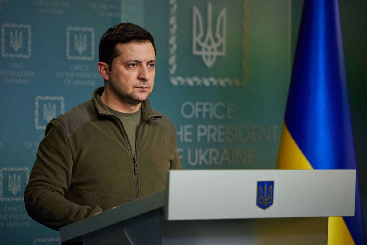 Ukraine's President Volodymyr Zelenskyy holds a press conference on Russia's military operation in Ukraine, on February 25, 2022, in Kyiv.