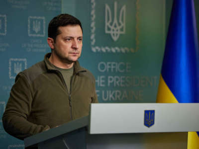 Ukraine's President Volodymyr Zelenskyy holds a press conference on Russia's military operation in Ukraine, on February 25, 2022, in Kyiv.