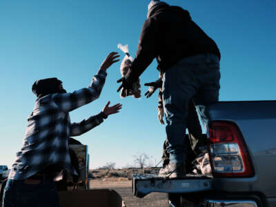 Food is distributed in a Hopi village on December 17, 2021, in Kykotsmovi, Arizona.