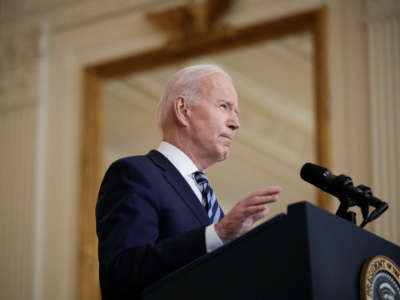 President Joe Biden delivers remarks in the East Room of the White House on February 24, 2022, in Washington, D.C.