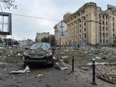 This general view shows the damaged local city hall of Kharkiv on March 1, 2022, destroyed as a result of Russian troop shelling.