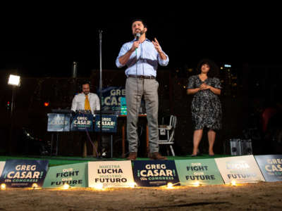 Greg Casar declares victory in the Democratic primary election for 35th Congressional District during his watch party at Native Hostel on March 1, 2022, in Austin, Texas.