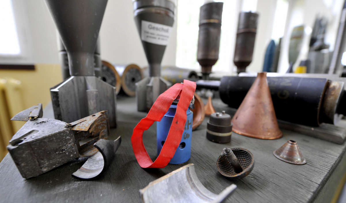 Various types of ammunition, including a bomblet (with red ribbon), sub munition in a so-called cluster bomb, are on display at the Spreewerk ISL Integrated Solutions weapons decommissioning facility near Luebben on June 23, 2009.