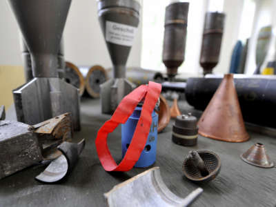 Various types of ammunition, including a bomblet (with red ribbon), sub munition in a so-called cluster bomb, are on display at the Spreewerk ISL Integrated Solutions weapons decommissioning facility near Luebben on June 23, 2009.