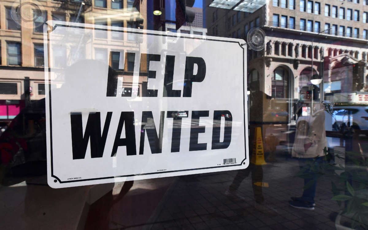 A 'help wanted' sign is posted in front of restaurant on February 4, 2022, in Los Angeles, California.
